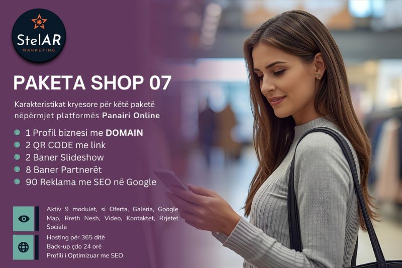 Paketa E-SHOP me 90 reklama dhe Profil biznesi me domain në platformën Panairi Online me SEO ne Google, Dyqan per shitje online, agjenci marketingu, agjenci marketingu digjital, marketing digjital Shqipëri